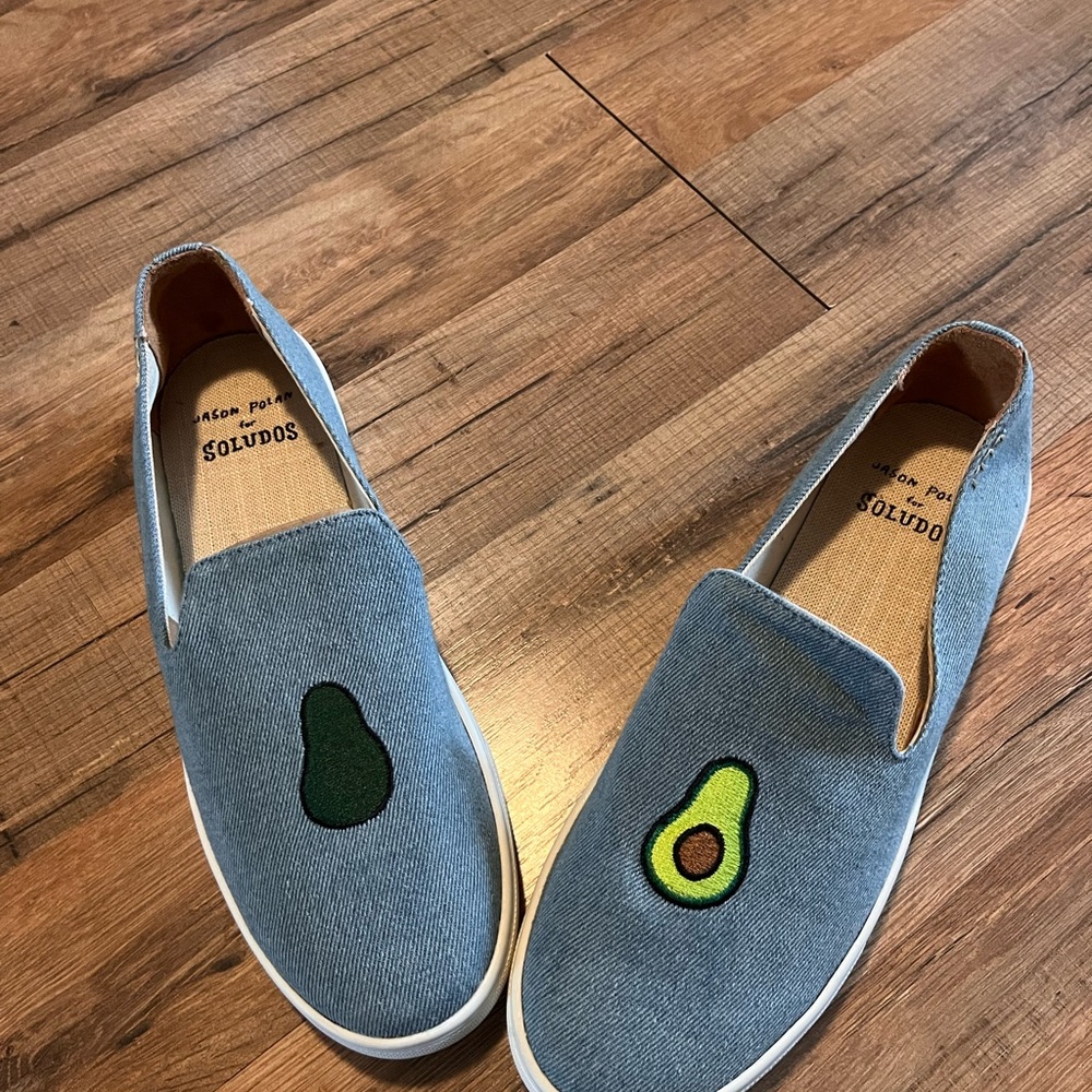 Jason Polan x Soludos Denim Slip-On Sneakers with Green Avocado Patches